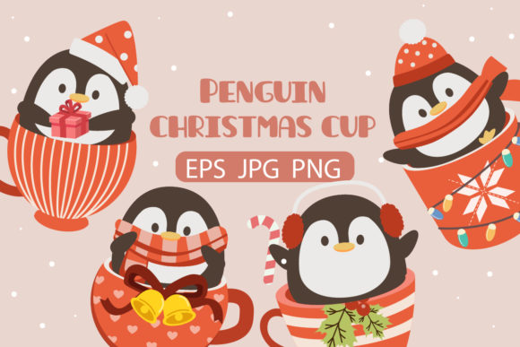 Penguin in Christmas Cup Clipart Illustrations