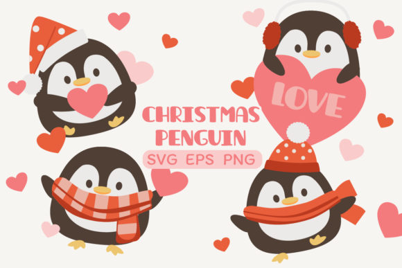 Penguin with Heart in Christmas Theme Illustration