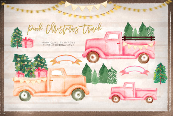 Pink Christmas Truck Clipart Peach Illustrations